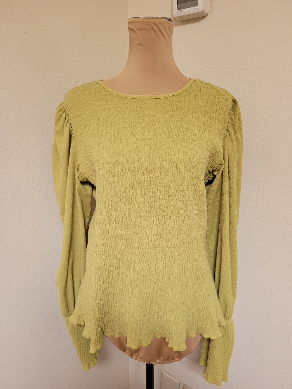 By Anthropologie Green Smocked Long Sleeve Shirt